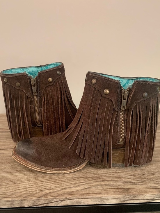 Corral Fringe Brown Leather Booties Studded Side Zip Ankle Boots 7 M - Picture 9 of 14
